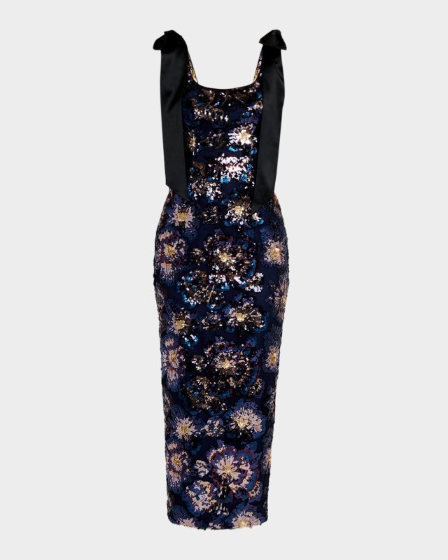 Kyle Satin Bow Sequin Column Midi Dress